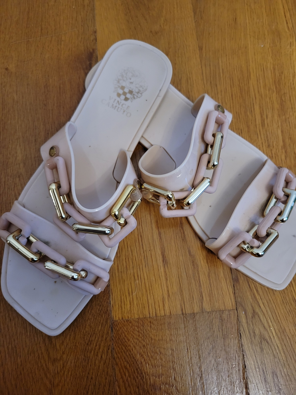 Vince Camuto Pale Pink Slide Sandals with Gold Chain Detail